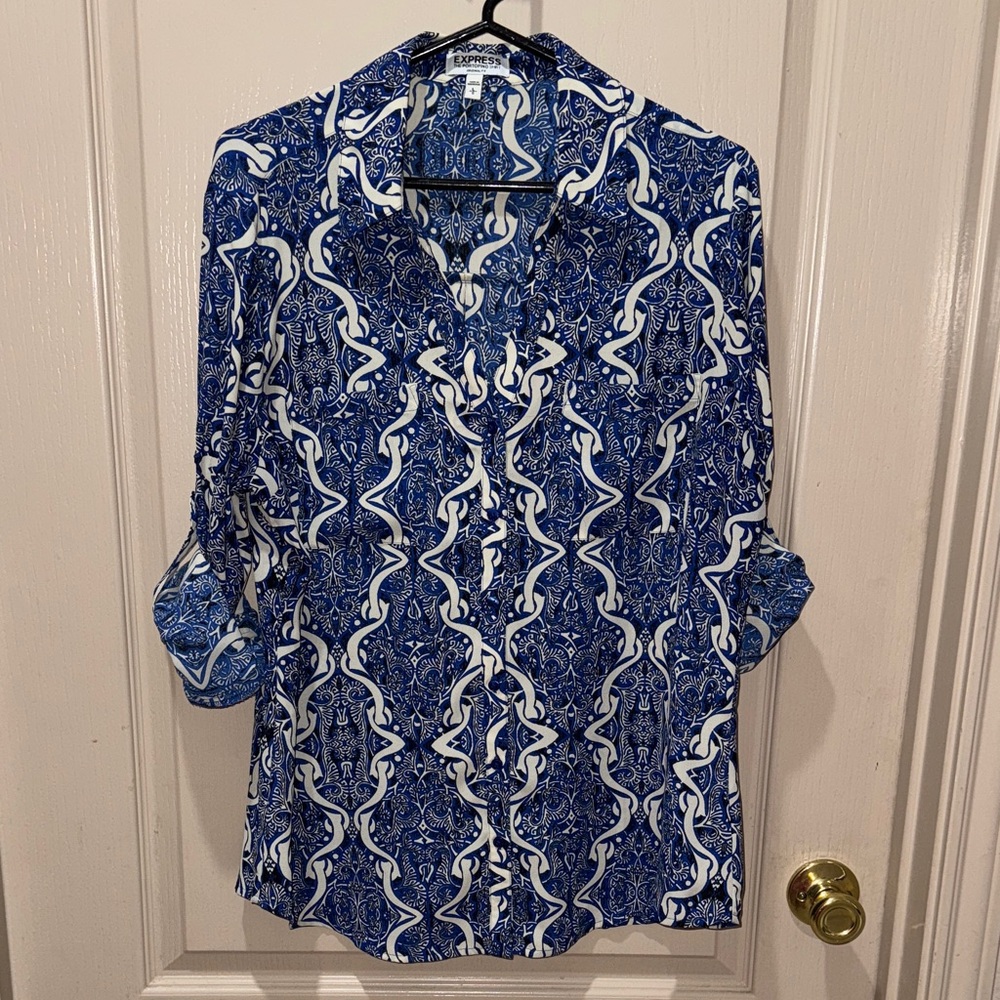 Express Portofino Blue and White Printed Button-Down Shirt